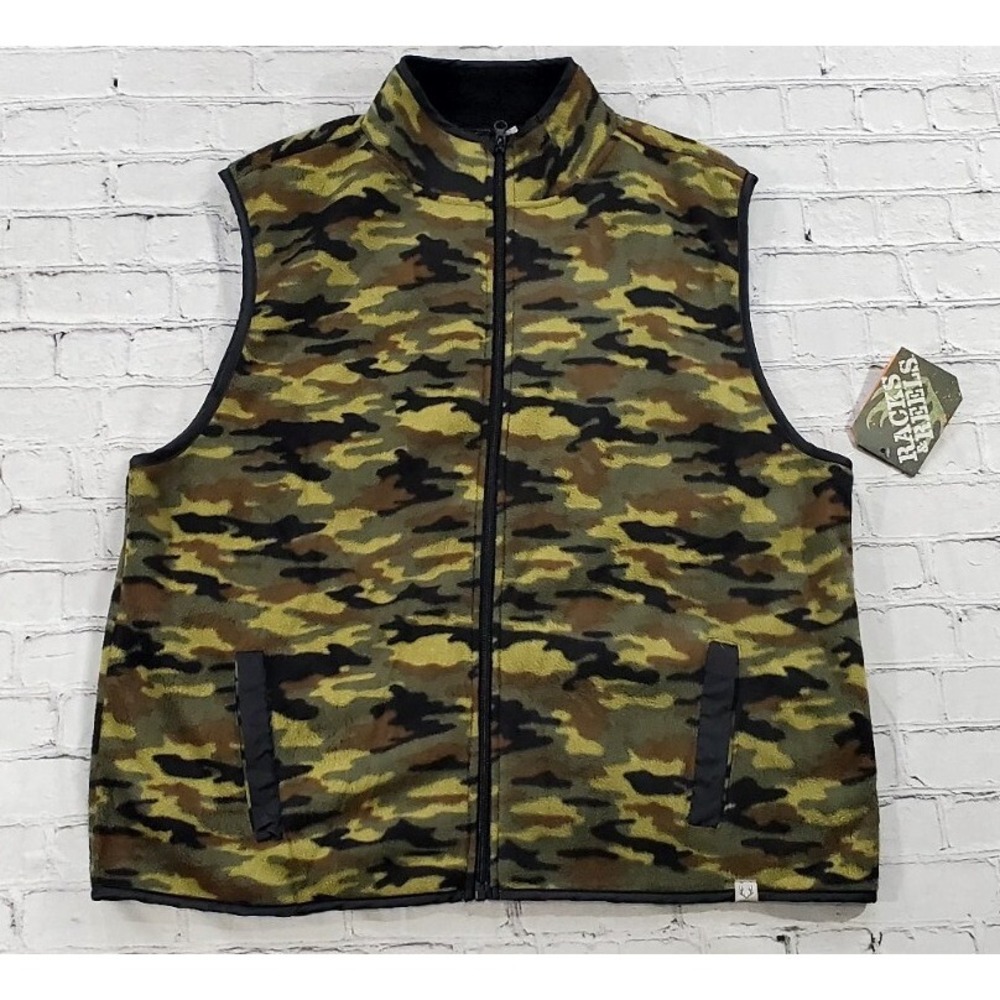 Racks & Reels Fleece Vest MENS L Green Camo Full Zip Mock Neck Hunting Gorpcore
